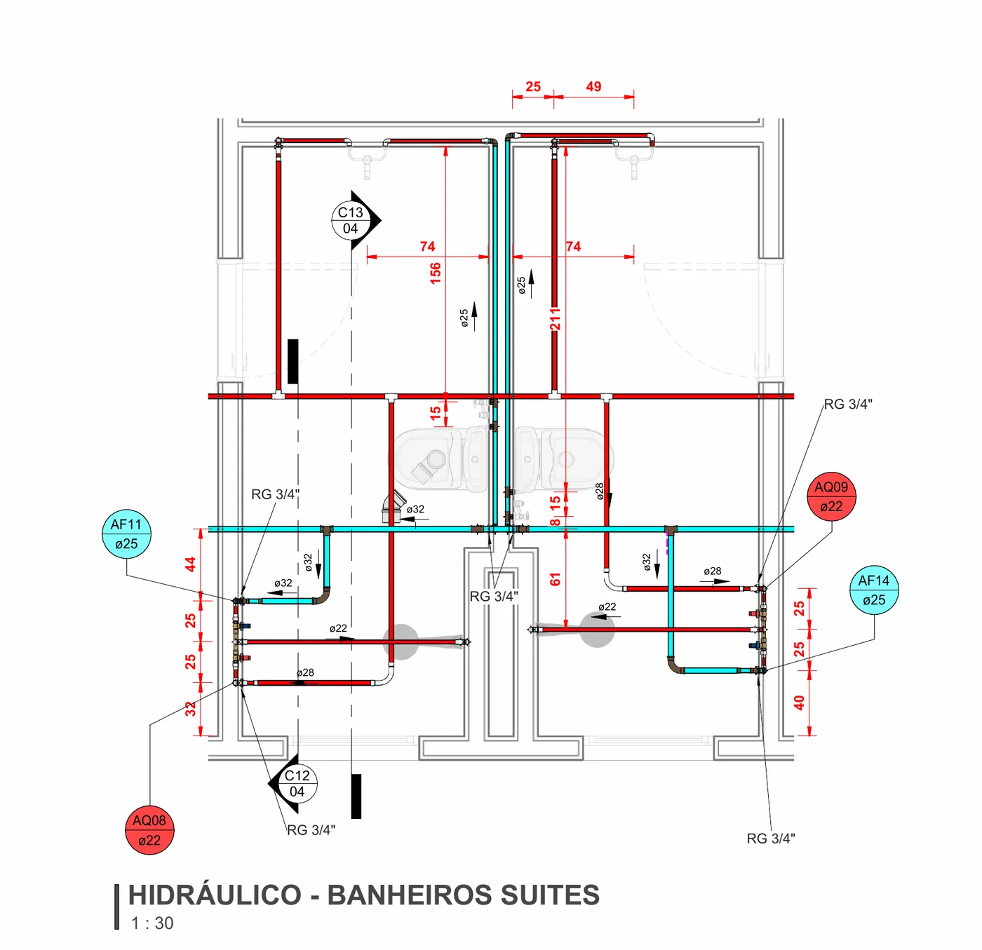 Ampliação do projeto hidráulico dos banheiros das suítes, com tubulações de água fria e quente cotadas
