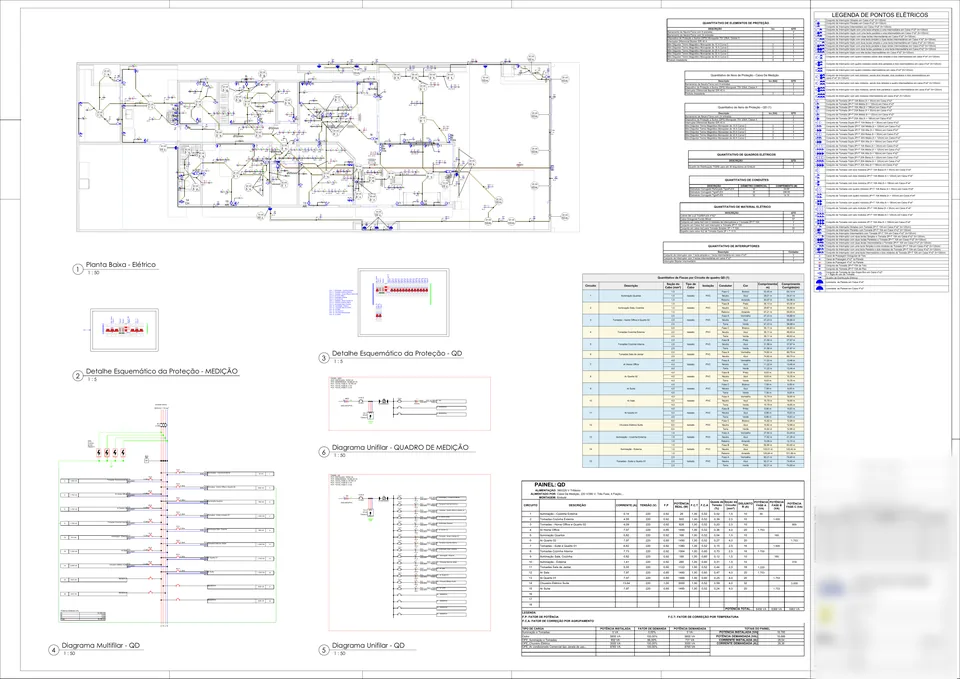 Prancha de projeto elétrico com planta baixa, quadro de cargas, diagramas unifilares e multifilares