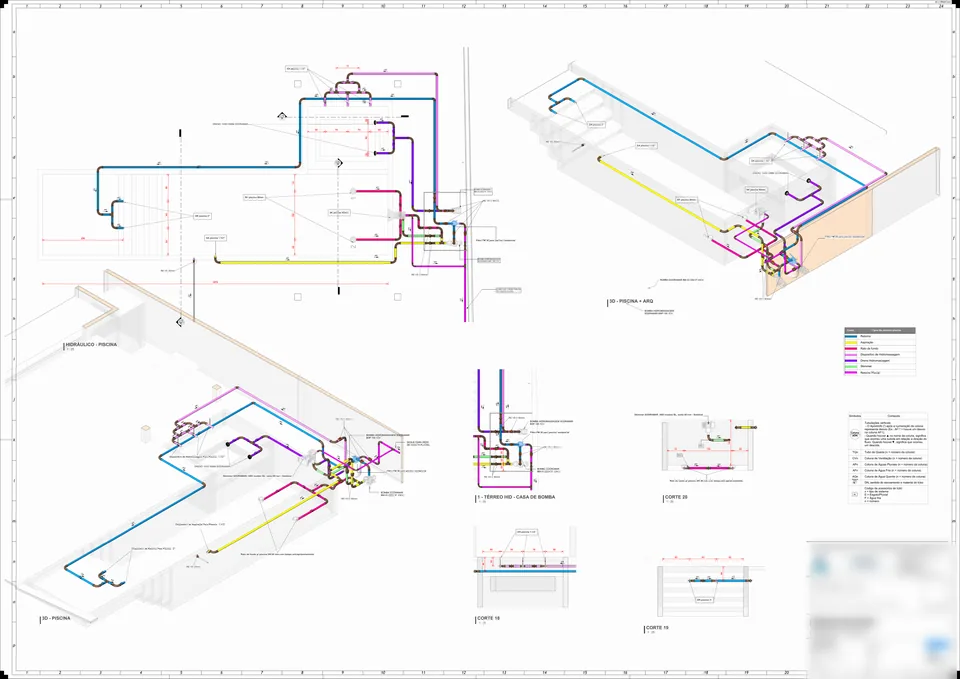 Prancha de projeto hidráulico de piscina com planta, vistas 3D e cortes