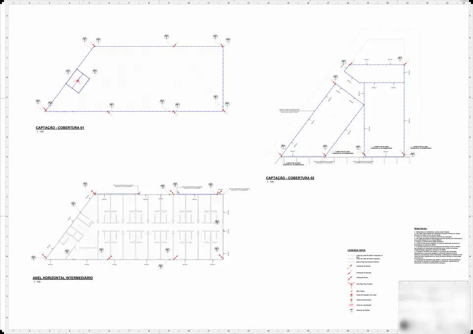 Prancha de projeto de SPDA com captação das coberturas e anel horizontal intermediário